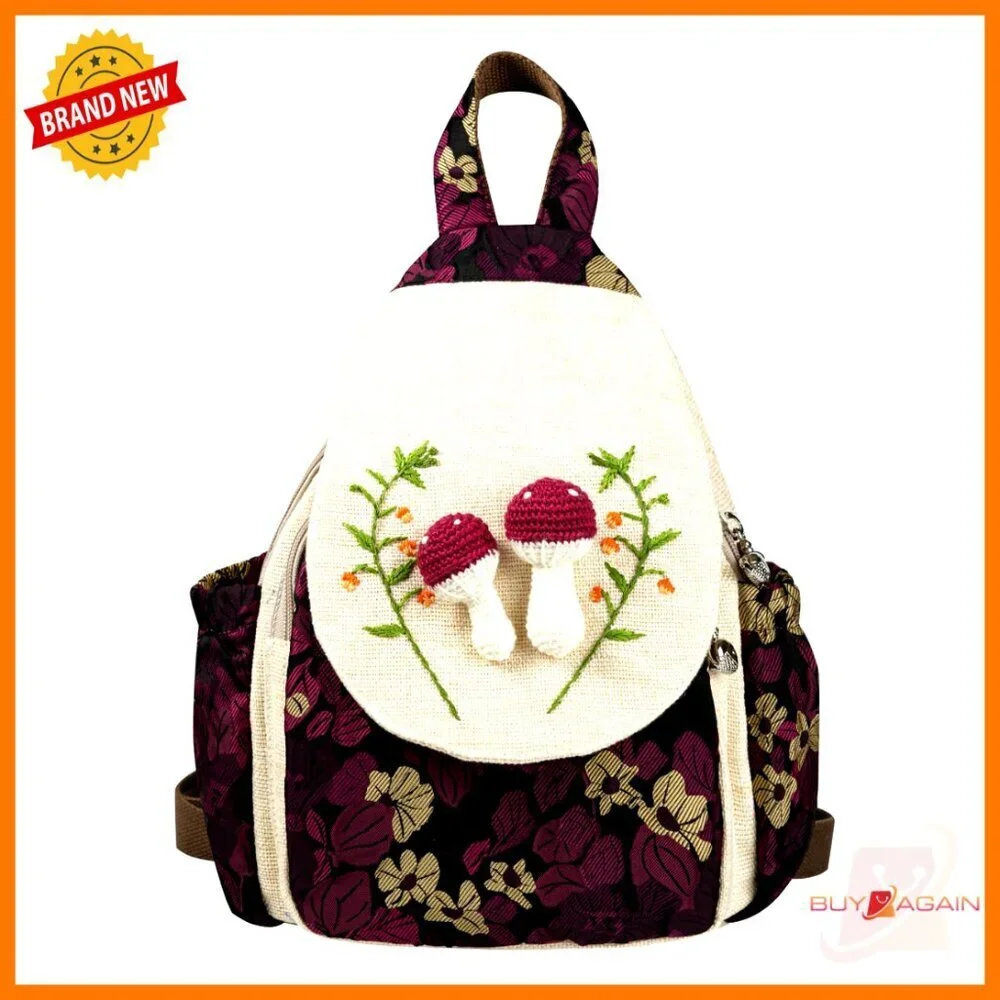 Hand-Knit Mini Backpack, Cotton Linen, Adjustable Straps, 9 Pockets, Travel Bag